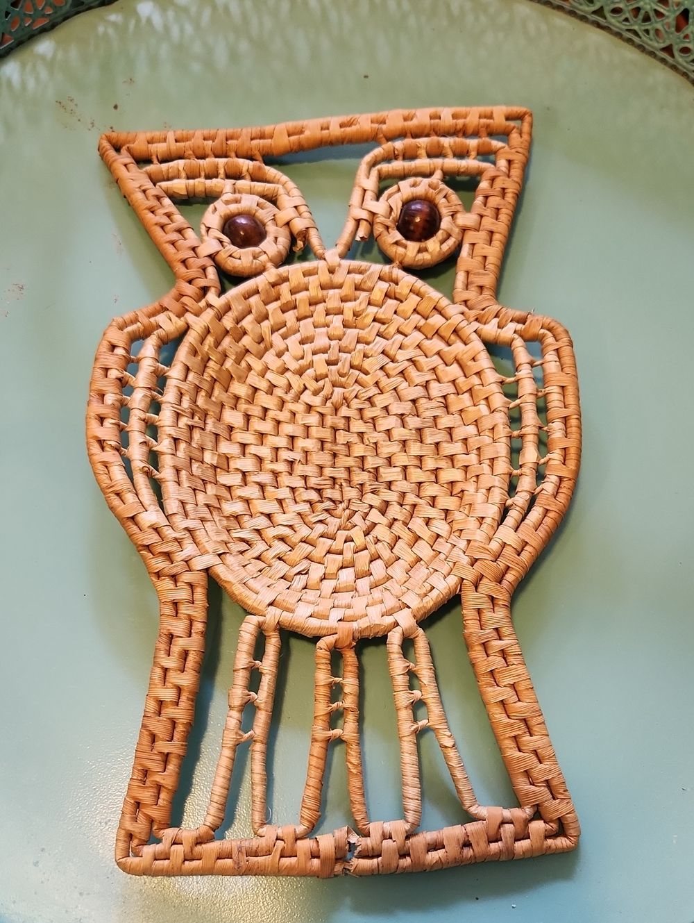 Woven Rattan Owl Trinket Tray - Natural Tan Home Decor Vintage 1970's Boho